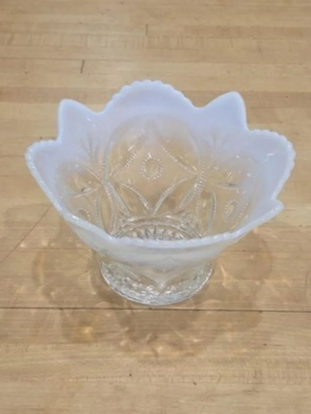Antique Dugan Glass Wheel and Block White Opalescent Star Ruffled Bowl 1905